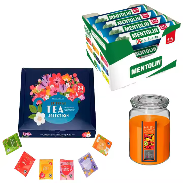 Pack relax: MENTOLIN EXTRA FUERTE S/A TUBO 12X20G + Vela de Frutas Exóticas 510g  + Set de Te con 24 bolsitas con diferentes sabores y aromas - 1