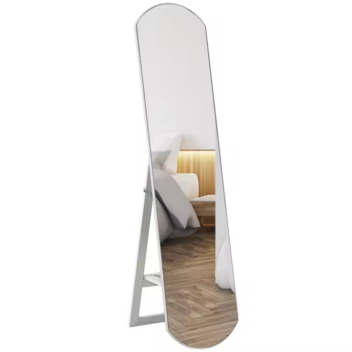 HOMCOM Espejo de pie arqueado 150 cm, espejo grande con estante de almacenamiento, montaje en pared o soporte, para dormitorio, entrada, pasillo, blanco - 1