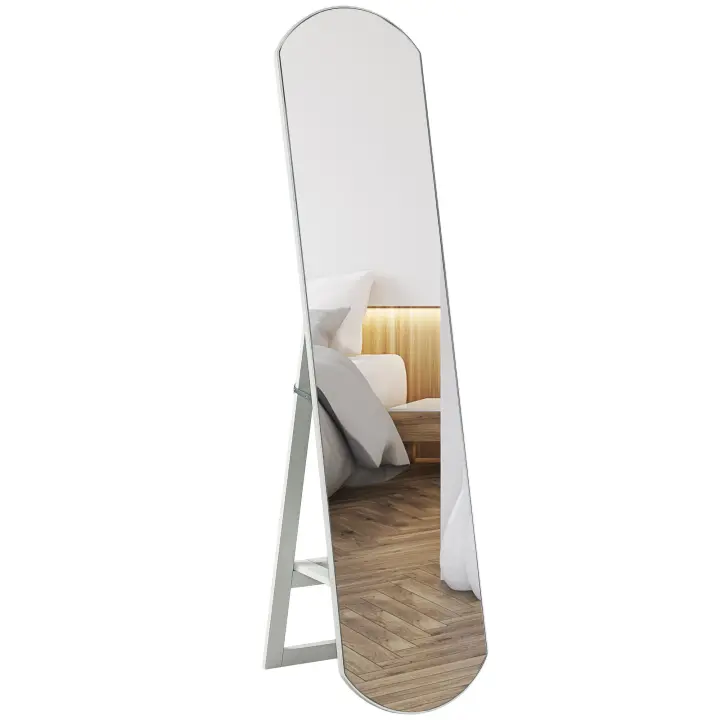 HOMCOM Espejo de pie arqueado 150 cm, espejo grande con estante de almacenamiento, montaje en pared o soporte, para dormitorio, entrada, pasillo, blanco - 1