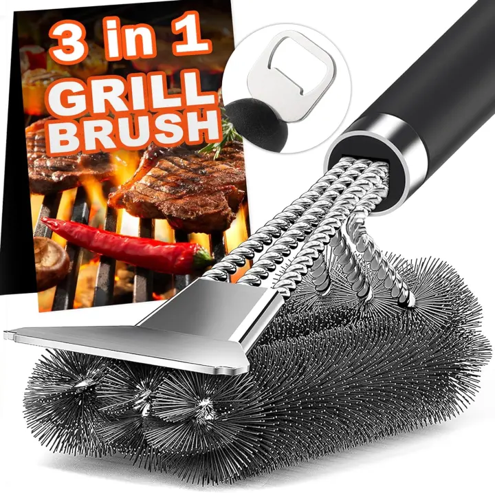 Cepillo para parrilla de triple cabezal con raspador, mango de 18 "para parrilla al aire libre/fumar/limpieza de parrilla de gas y carbón - 1