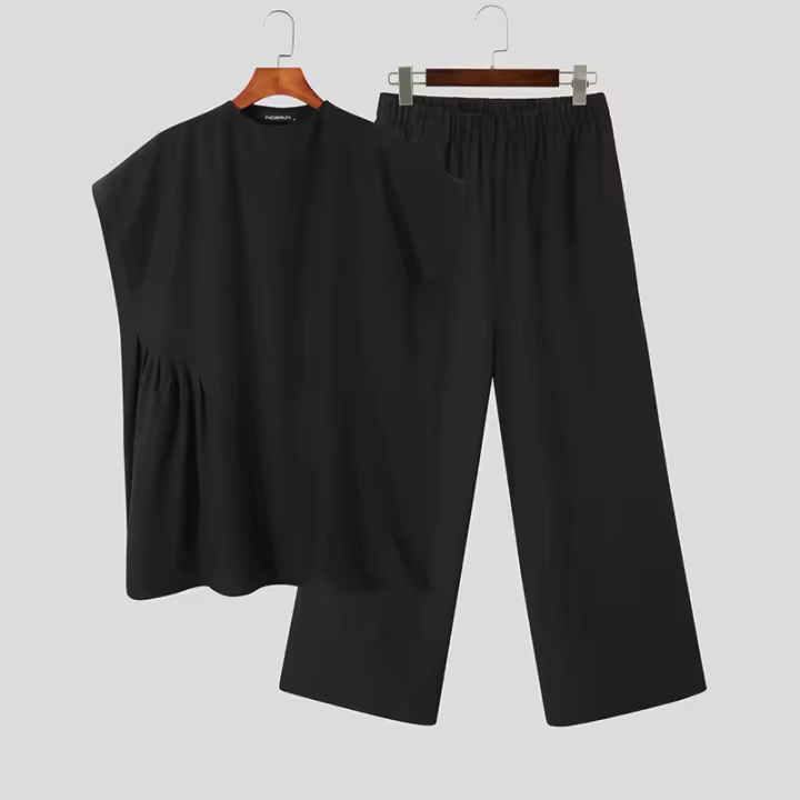 Nueva Conjunto De Ropa Para Hombres Estilo Musulmán Con Mangas Bajadas Pliegues Cuello Medio Media Longitud Pantalones Sueltos 2 Piezas Tallas S-5XL INCERUN 2024 - 1