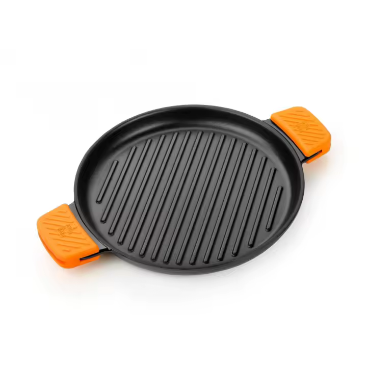 Bra - Parrilla Redonda con Rayas Efficient Iron, Hierro Fundido Esmaltado, Apta Inducción y Horno, Incluye 2 Asas Silicona - 1