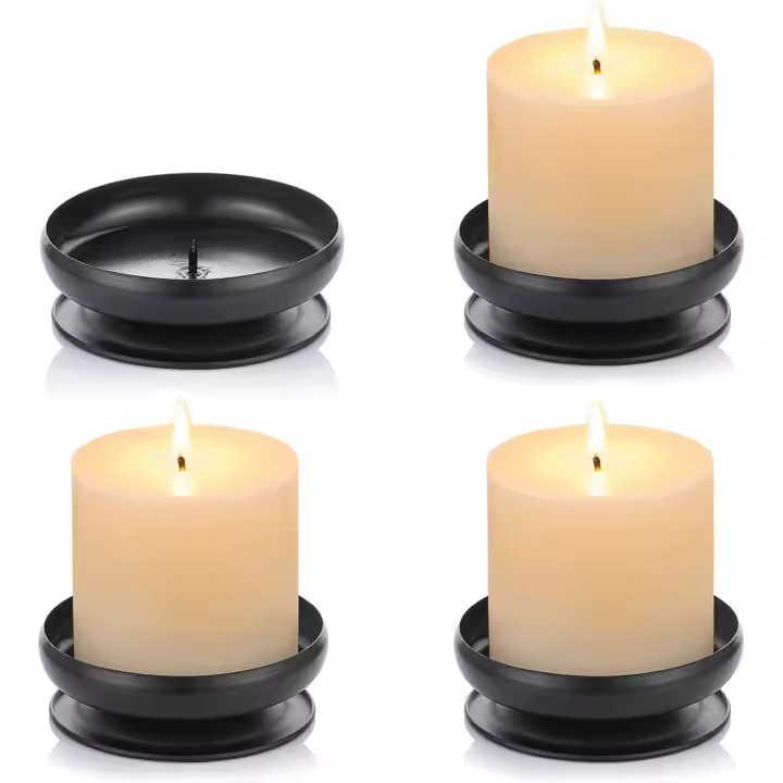 4 piezas de candelabros con punta de hierro, candelabros de pilar con placa de hierro decorativa, color negro, soporte para velas de pedestal de 9 cm de diámetro - 1