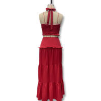 Conjunto Elegante De 2 Piezas Para Mujer Halter Sin Espalda Camisola De Cintura Elástica Con Volantes + Falda Larga De Encaje Sólida Vestido De Noche Para Fiesta Y Vacaciones En La Calle - details 2