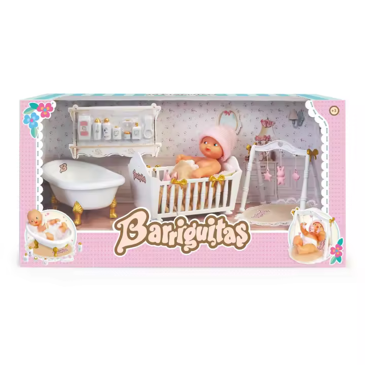 Barriguitas Recien Nacido muñeca con cuna, bañera y gimnasio con sus complementos - Famosa 700017017 - 1