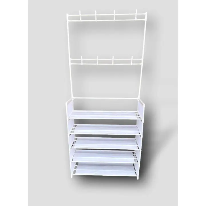 Zapatero de acero de carbon de 5 niveles, estante para sombreros, árbol de salón ajustable con 16 ganchos de suspensión de plastico fuerte, cubierta lateral para entrada, baño, sala de estar - 1