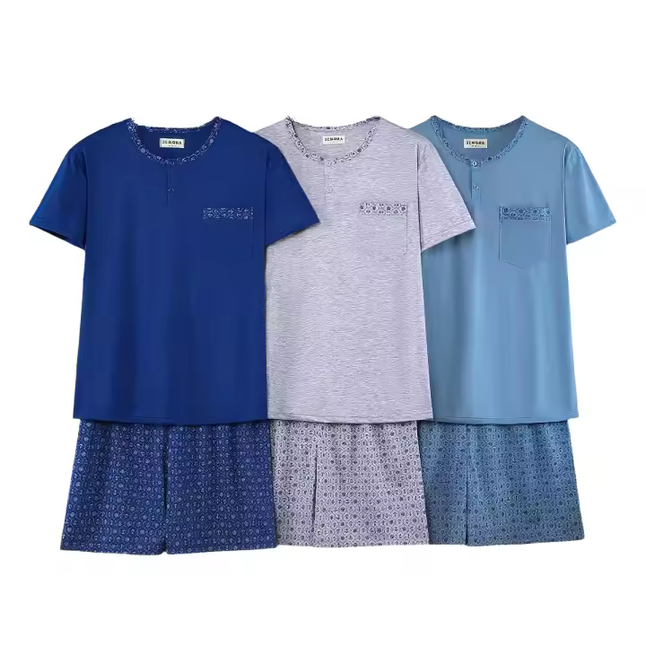 Pijama Hombre - Camiseta Manga Corto de Cuello redondo y botones con Bolsillo Izquierda + Pantalones Corto Anclas - 611 - 1