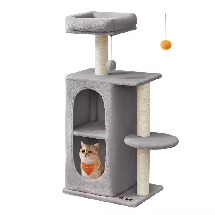 Feandrea Árbol para Gatos con 2 Cuevas, Rascador, para Casas con Varios Gatos, Gatitos, Gris Claro/Beige Arena - 1