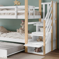 Litera, Cama en Casita de árbol extraible, Cama Corredera, Escalera with 4 cajones, Cama Infantil with Protección Contra Caídas y barandillas para Cuna, somier, natural + Blanco (90x200cm y 90x190cm) - details 2