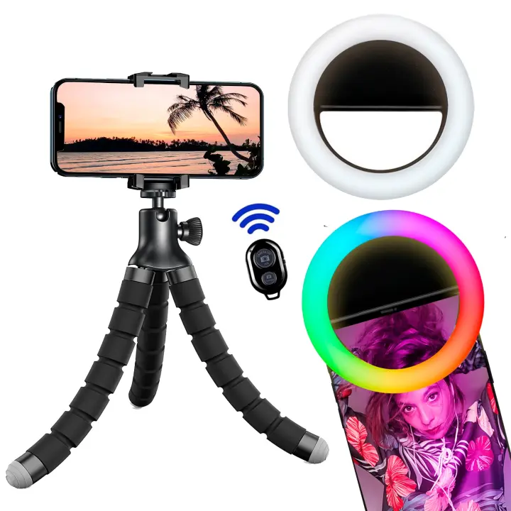 A&M MARBELLA - Aro de Luz con Trípode y Mando Set Ring Light + Trípode para Móvil Aro de Luz para Móvil Aro de Luz Profesional para Smartphone Tablet Ordenador Palo Selfie Mini Trípode y Anillo Luz Selfie - 1