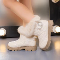 Botas De Invierno Para Niñas De Moda Con Pelo De Pluma Grueso Y Cálido Color Sólido Botas Cortas Para Niñas Estilo Británico Con Cierre SLIP-ON Talla Verdadera - details 6