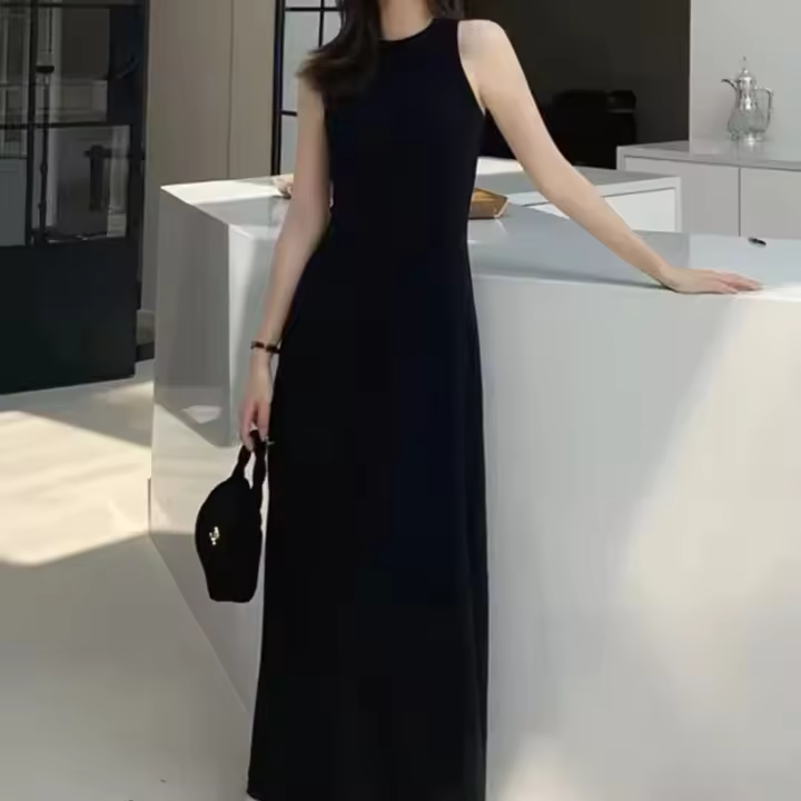 Vestido Largo Sin Mangas Estilo Francés Para Mujer Elegante Chic A-Line Casual Verano Vacaciones Vestido De Fiesta Solid - 1