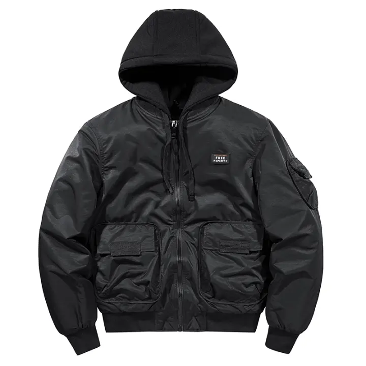 New Winter Man Fleece Thickening Baseball Clothes Solid Keep Warm Flight Jacket Leisure Cotton Clothes Removable Hat Coats - 1