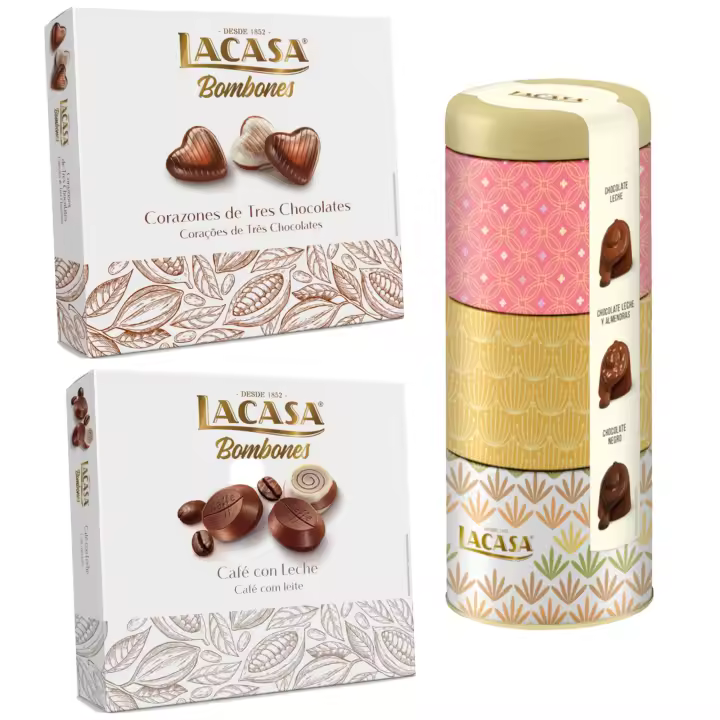 Pack Lacasa bombones surtido lata 180 G & bombones corazón tres chocolates 200 G & bombones café con leche 200 g - 1