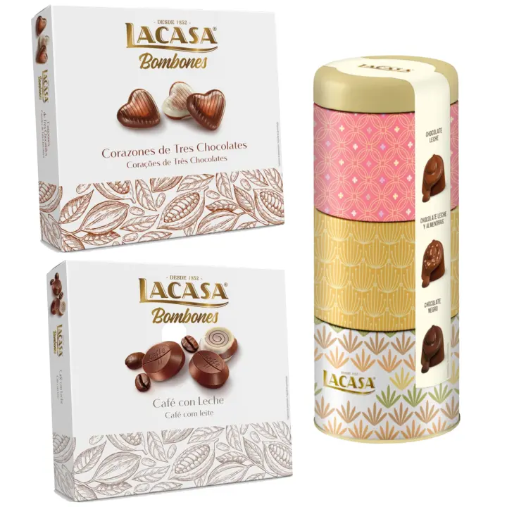 Pack Lacasa bombones surtido lata 180 G & bombones corazón tres chocolates 200 G & bombones café con leche 200 g - 1