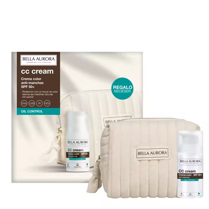 BELLA AURORA Pack CC Cream Oil Control SPF50+ 30ml + Neceser Regalo | Crema Color Anti-Manchas con Alta Protección UVA UVB IR HEV | Toque de Color Natural y Control de Brillo - 1