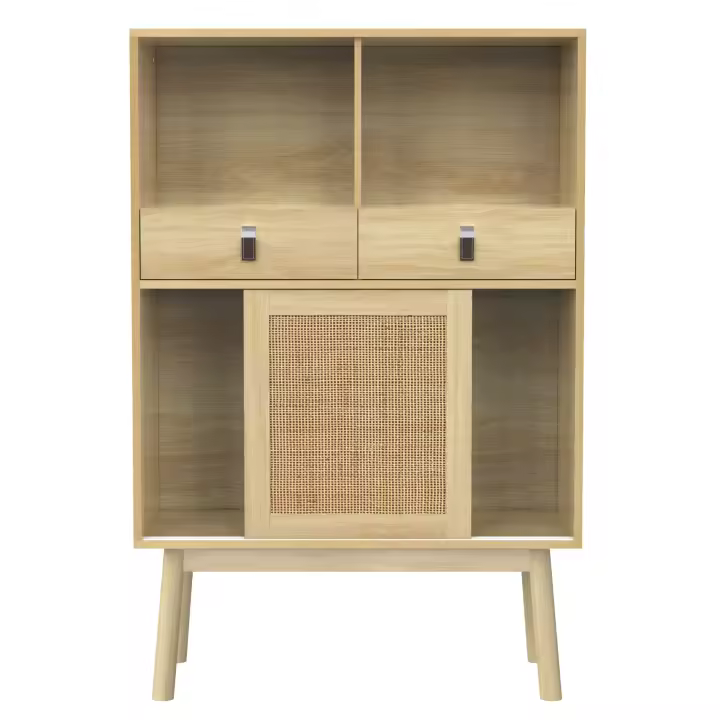 Aparador Premium 80x39,5x120 cm | Diseño Rustic nórdico | Puertas de Ratán Real Artesanal✨| 2 Cajones Profundos con Cierres Suaves + 2 Puertas con Detalle de Ratán + 2 Compartimientos para Decoración - 1