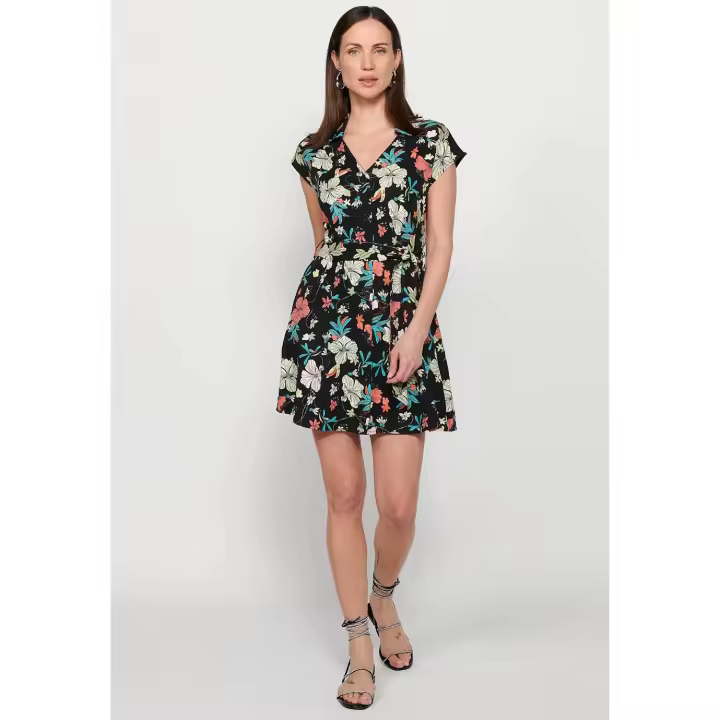 Koroshi Vestido corto de manga corta con escote de pico con solapas y cierre delantero con cremallera con cintura ajustada con cinturón de color multicolor para mujer | Moda Actual - 1