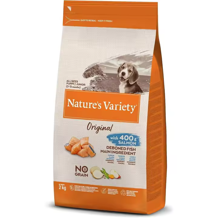 Nature's Variety Original No Grain, Pienso para Perros Junior de todos los tamaños, Sin cereales, con Salmón sin espinas, 2kg - 1