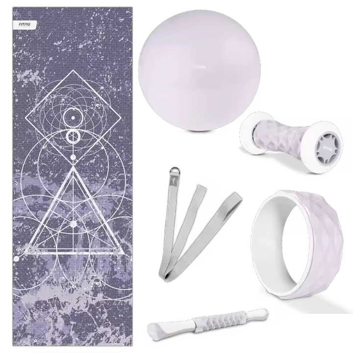 Fitfiu Fitness KITWELL-600 - Pack de 6 Accesorios Yoga Pilates Color Lila Que Incluye Esterilla, Pelota, Rueda, masajeador de pie, Barra de Masaje y Correa de Yoga - 1