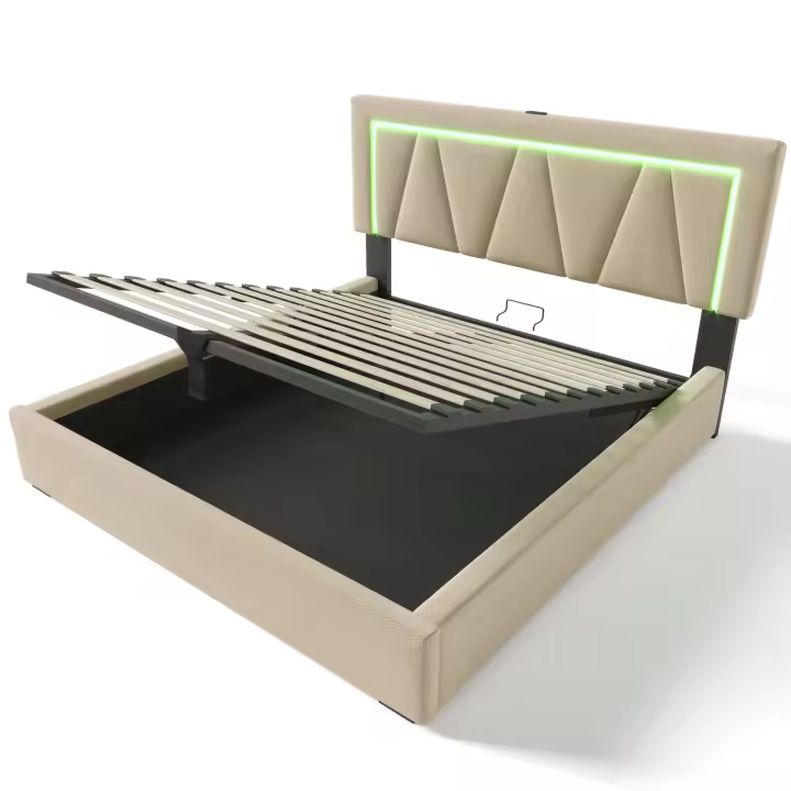 Cama tapizada Cama Doble LED con función de carga USB Type-C e iluminación LED, Cama con Almacén Somier de Lino Cama Juvenil 140x200 con somier (sin colchón). - 1