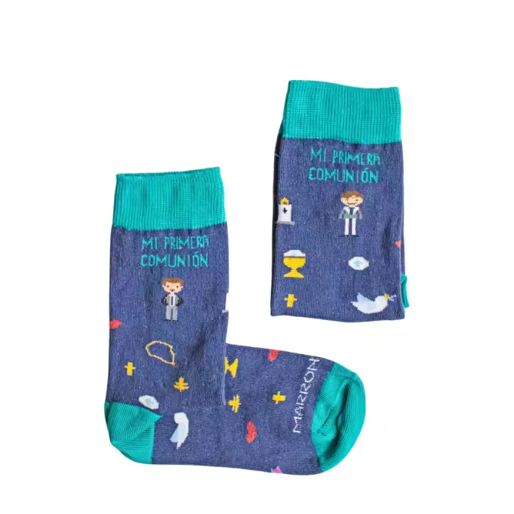 MARRON Y NEGRO - Calcetines Mi Primera Comunión Niño - Fabricado en España - Perfectos para Regalos - Divertido - 80% algodón - Unisex - Talla de calcetín (31-34) - 1