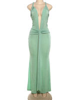 Vestido Maxi Bodycon Elegante Para Mujer Kliou Con Cuello En V Y Ribbons Sin Mangas Vestido De Banquete Clásico De Calle Alta Estilo Slim Para Verano - details 1