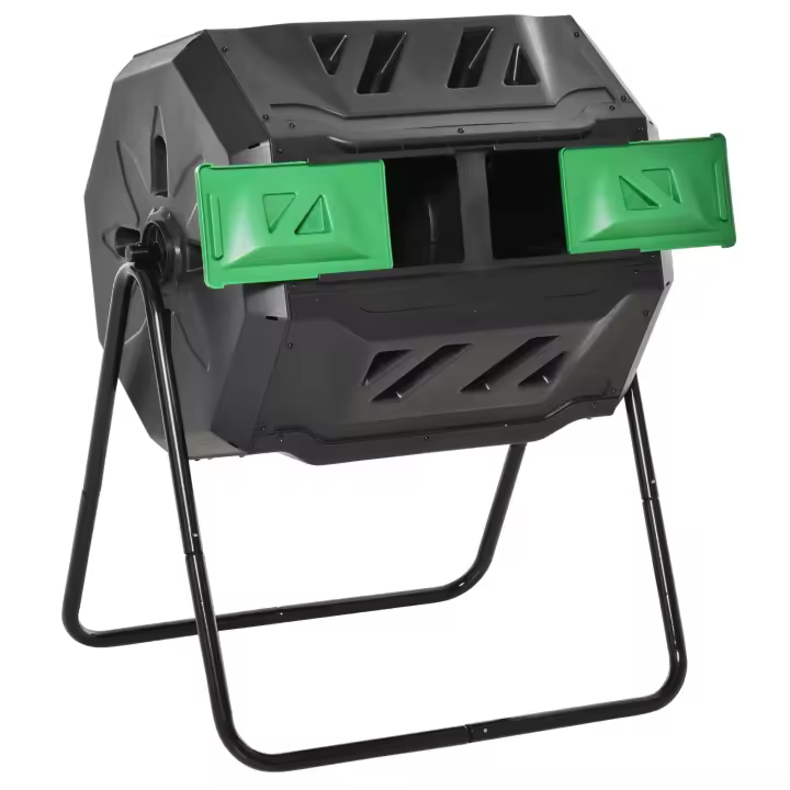 Outsunny Compostador de Tambor Giratorio con Capacidad 160 litros de Doble Cámara y Ventilación Marco de Acero para Residuos Orgánicos de Jardín 71x64x96cm - 1