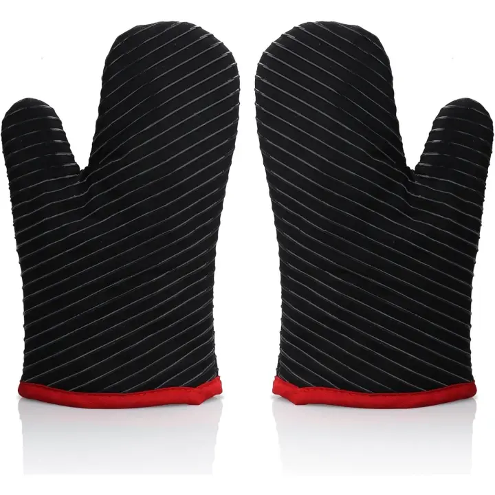 Cocina de Silicona Resistentes al Calor with Forro de Algodón y Surface Antideslizante, Diseño de Rayas, Guantes Horno Lavable para Microondos para Hornear BBQ - 1
