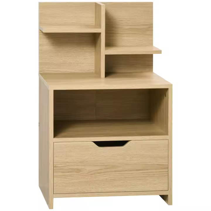 HOMCOM Mesita de Noche Moderna, Mesilla de Noche con Cajón y Estantes Pequeños y Compartimiento, Mesita Auxiliar para Dormitorio, Salón, 45x35x73 cm, Natural - 1
