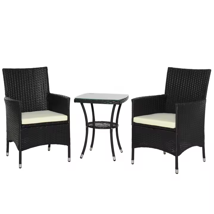 Outsunny Conjunto de Muebles Ratán para Jardín Formado por 1 Mesa y 2 Sillones con Cojines Estructura de Metal y Ratán - 1