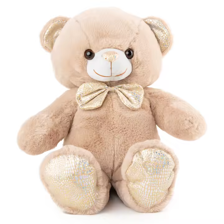 peluche Oso con pajarita dorada marrón y beige suave 36cm - 1