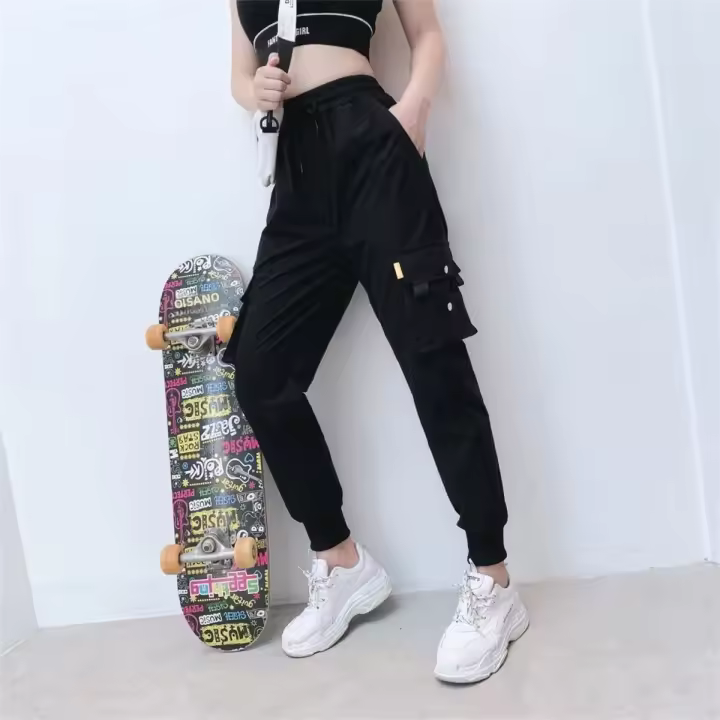 Pantalones De Cargo Negros Para Mujer Casual High Waist Loose Hip Hop Pantalones Coreanos Punk Capri Streetwear Femme - 1