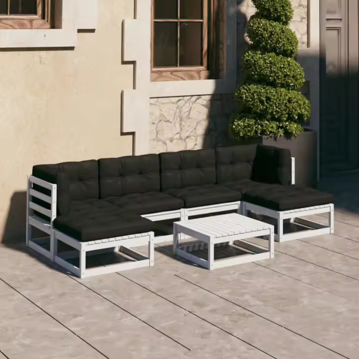 vidaXL Set muebles jardín 7 pzas con cojines madera maciza pino blanco - 1