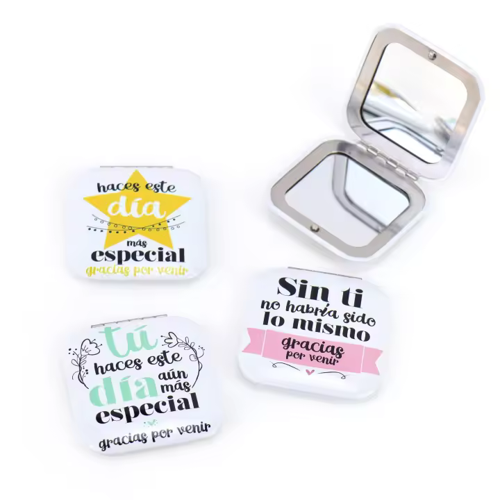 Pack de 6 a 36 unidades de Espejo de bolsillo con frase, 3 modelos, Decorados con frases, Espejos de bolsillo, Detalles para bodas invitados, Detalles dama de honor, Recuerdos de boda, Regalo original, Regalantes.com - 1
