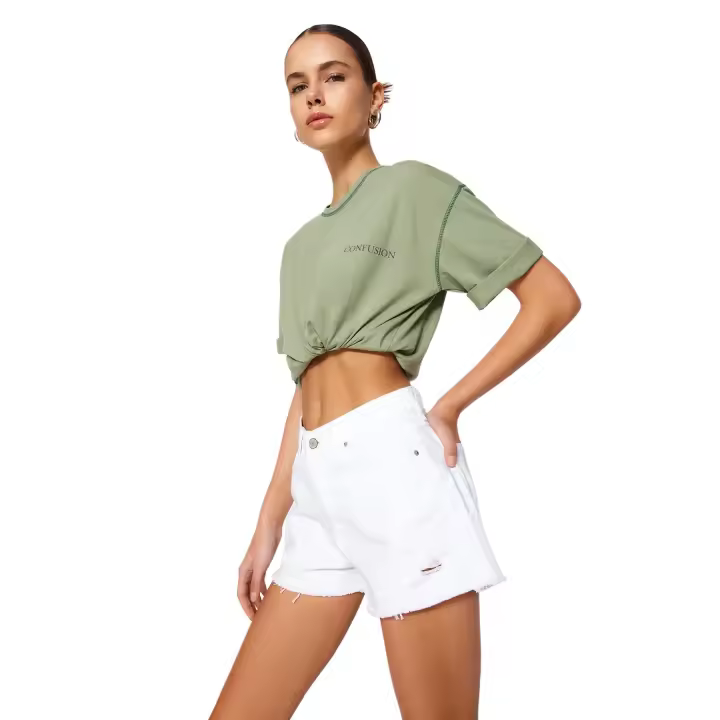 Trendyol White Ripped Regular Waist Mini Denim Shorts Twoss23Sr00154 - 1