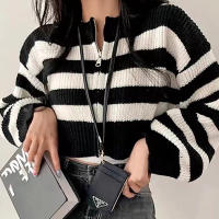 HELIAR Chaqueta De Cariñosa Para Mujer Con Rayas Y Cierre De Cremallera Estilo Casual Corta De O-Neck Ajuste Suave Para Otoño E Invierno - details 4