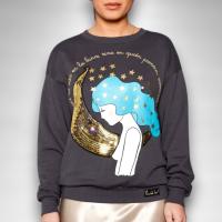 Sudadera Luna Anabel Lee Mujer | Gris Antracita Algodón Oversize | Maxi Print Lentejuelas Foil Dorado - details 1