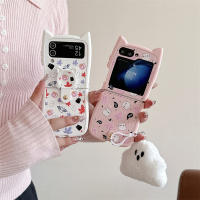 Funda De Teléfono Con Colgante Y Aros Para Samsung Galaxy Z Flip 6 5 4 3 ZFlip 6 Con Orejas De Gato Diseño De Luna Y Fantasma Blanco Y Rosa - details 1