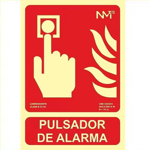 Señal pulsador | Señal homologado pulsador alarma | Señal Luminiscente pulsador alarma | PVC Clase B | Certificado NE 23033/1:2019 | 0,7 mm Grosor | 21 x 30 cm | Color Rojo | Luminiscente - 1