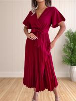 Vestido Maxi De Verano Para Mujer Con Volantes Y Cintura Ajustable Vestido De Fiesta V-Neck Traje De Baño A-Line Midi - details 1