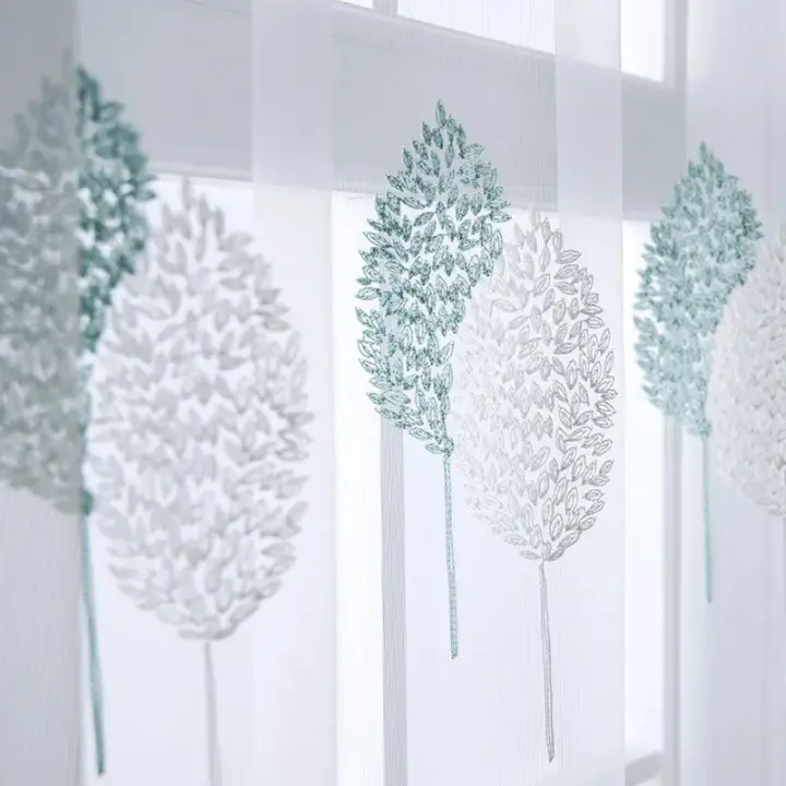 Cortina De Tule Bordada Con Hojas Azul Y Blanco Arboles Doble Ventana Para Sala De Estar Dormitorio Balcones Ventanas Bayas - 1