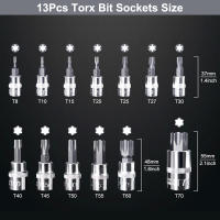 Juego De 13 Piezas De Llaves Torx Estrella T8-T70 Herramientas Domésticas Con Cabezales De Tornillo 1/4 3/8 Y 1/2 Pulgada De Dinamo - details 0