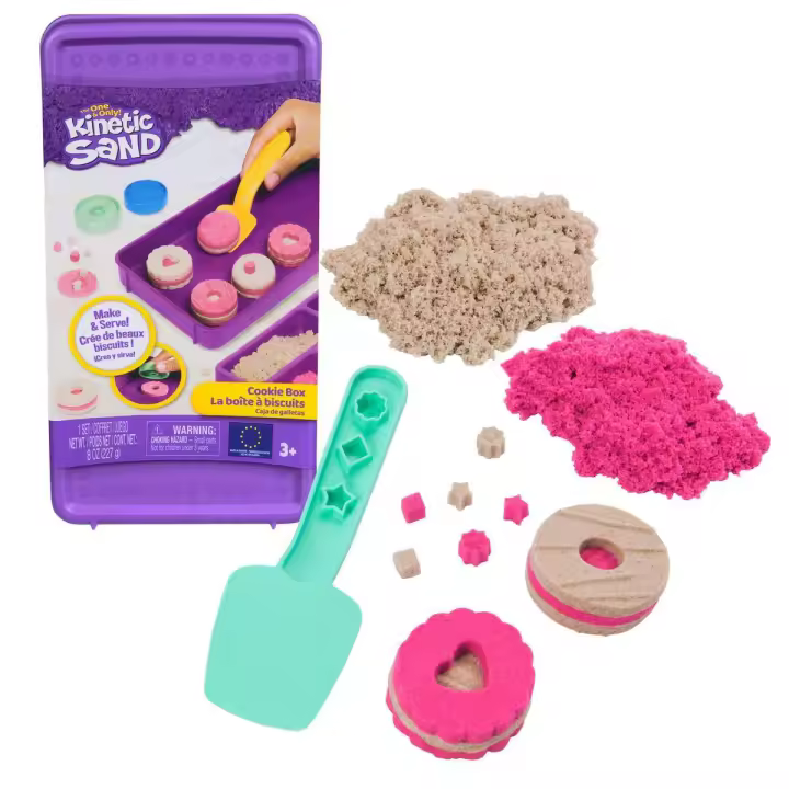 SPIN MASTER - KINETIC SAND - KIT CAJA DE GALLETAS: 227 g de Arena Mágica Rosa y Marrón, 2 Moldes, 1 Herramienta y Caja de Almacenamiento - 6071549 - Kit Manualidades niños - Juguetes Niños 3 Años + - 1