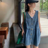 Vestido Sin Mangas Para Mujer Estilo Coreano Verano Con Bolsillos Y Botones Vestido Denim A-Line Mini Vestido Vintage De Cuello V - details 6