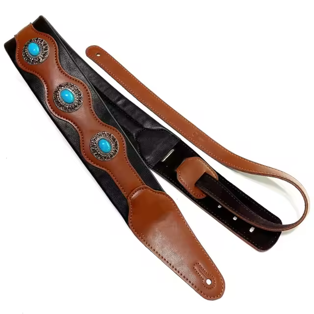 Correa De Guitarra Ajustable De Cuero Suave Retro Clásica Con Bolas Étnicas Para Acústica Eléctrica Folk Y Bajo De Madera - 1