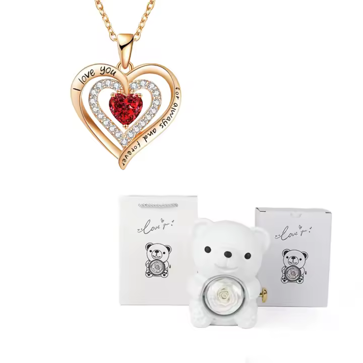 Collar Colgante De Corazón Rojo Con Zirconia Y Oso Flor Romántico Para Mujer Joyería De Boda Y Navidad Caja De Regalo - 1
