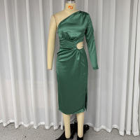 Vestido Midi Mujer Elegante De Verano Con Hombro Descubierto Y Abertura En La Cintura Verde Slim Con Abertura Lateral Para Calle - details 1