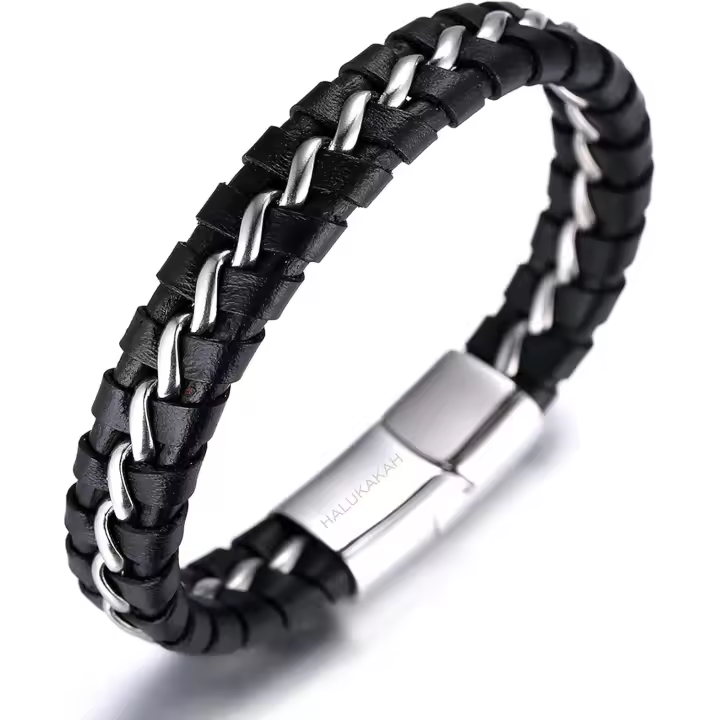 Niños ● Solo Junior ● Pulsera de cuero genuino para niños, negro, edades de 6 a 12 años. Cadena de titanio oro/plata, cierre magnético, edad 2: 7 "+ 0,7" (18 + 1,5 cm) - 1