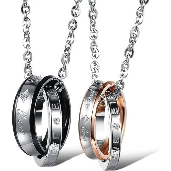 Collar con colgante de la amistad Jewelry 2 para hombre y mujer - 2 cadenas (45 cm y 55 cm) - Anillo - Acero con óxido de circonio - 1